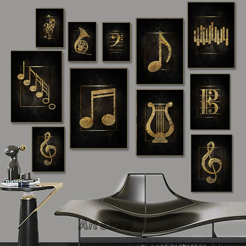 Picture Of Musical Instrument - Black Golden Music Symbolic Canvas Painting